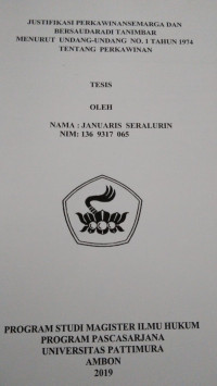 Image of Justifikasi Perkawinan Ansemarga Dan Bersaudara Di Tanimbar Menurut Undang-Undang No.1 Tahun 1974 Tentang Perkawinan